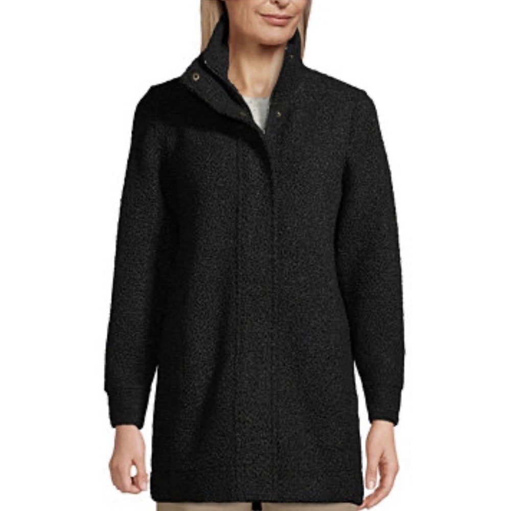 Lands End Coat Womens Large Black Boucle Fleece Full Zip Snap Winter Jacket